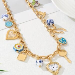 NEW Gold Charm Necklace with Blue Toile Porcelain Key Lock Clock